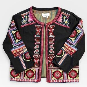 Anthropologie Jacket Cardigan Womens Small Black Embroidered Beaded Sequin Boho